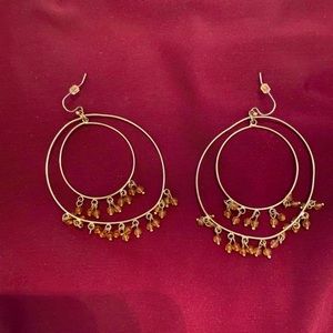 CACHE EARRINGS - Goldtone hardware double hoops with amber beads